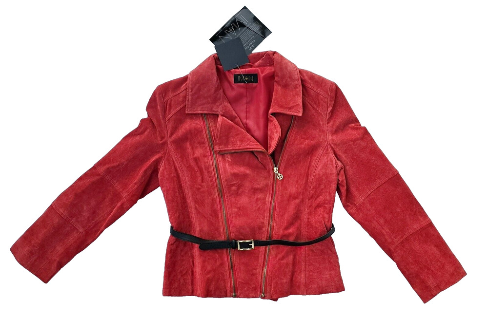 IMAN Global Chic Platinum Collection Women's Leather Suede Jacket Top Red Size L